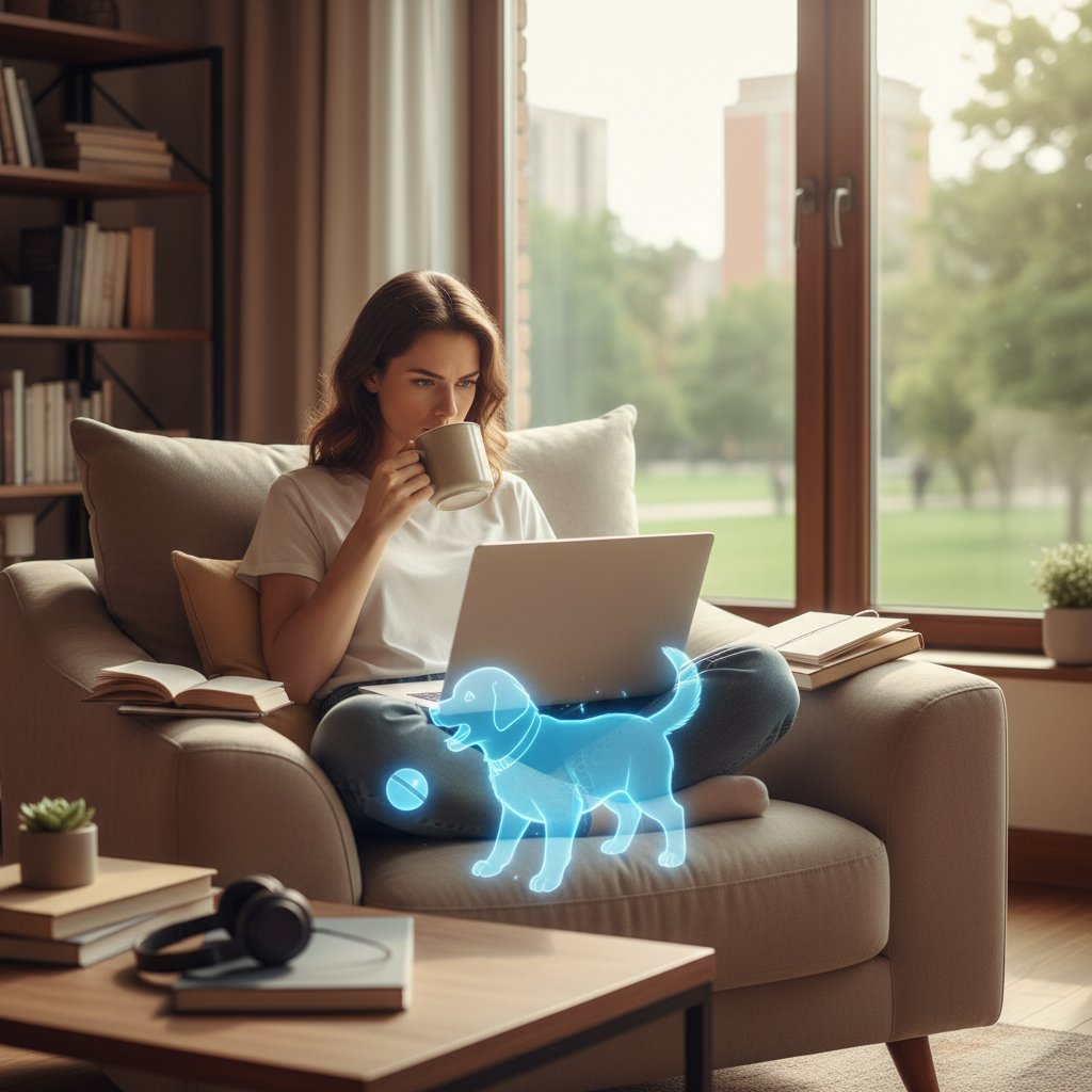 Młoda kobieta studiująca z laptopem i wirtualnym psem na ekranie