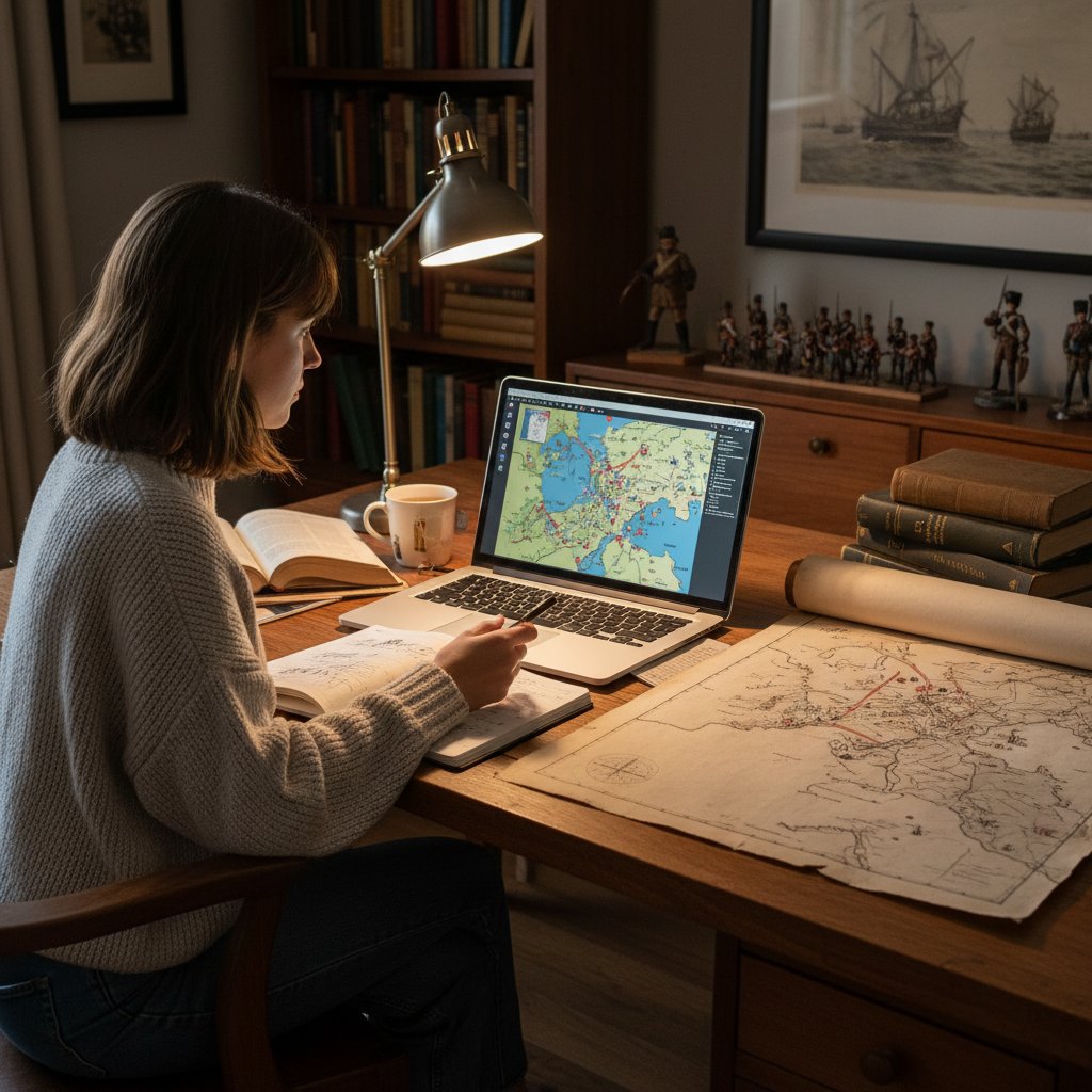Młoda kobieta uczy się historii wojskowości online, otoczona książkami i laptopem, na ekranie mapa bitewna