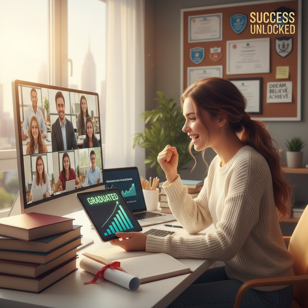 Młoda kobieta ucząca się online, przykład sukcesu edukacji zdrowotnej w Polsce