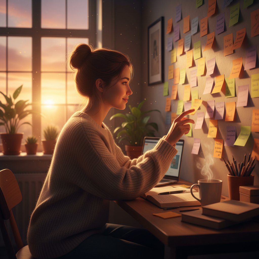 Studentka przy biurku z karteczkami na ścianie, skupiona na nauce, światło zachodzącego słońca