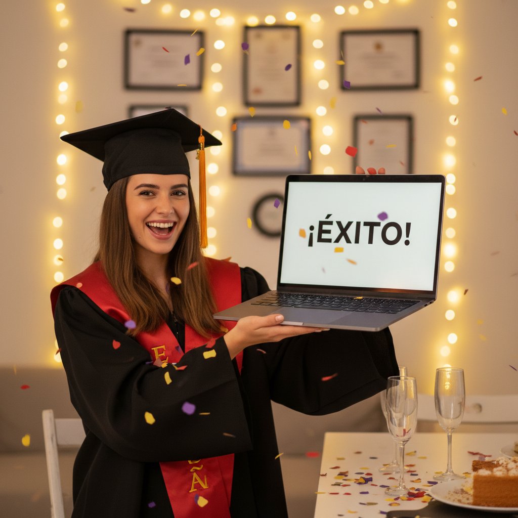 Młoda kobieta świętuje sukces po zdanej maturze z hiszpańskiego online, laptop, światełka