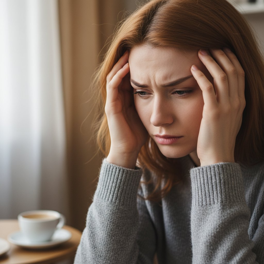 Czerwone flagi: młoda kobieta z nagłym bólem głowy i wyrazem niepokoju – objawy alarmowe