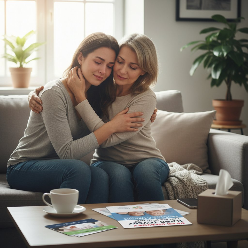 Młoda kobieta ze wsparciem bliskiej osoby po zabiegu biopsji – biopsja, emocje, wsparcie