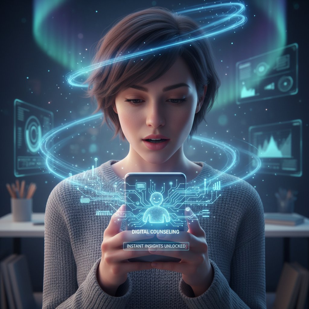 Junge Frau blickt überrascht auf Smartphone, umgeben von Lichtreflexen, symbolisiert unerwartete Erkenntnisse in digitaler Beratung