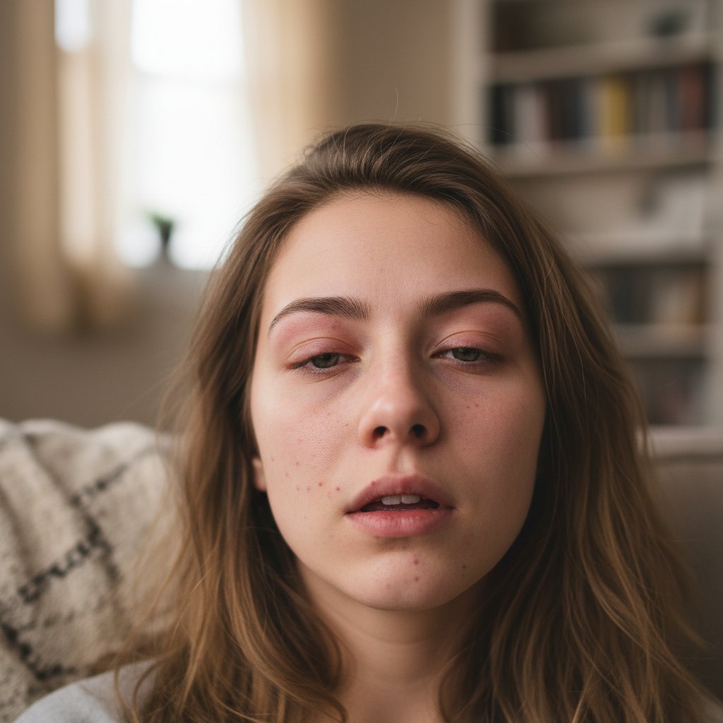 Młoda kobieta z opuchniętymi powiekami i wybroczynami na podniebieniu, domowe otoczenie