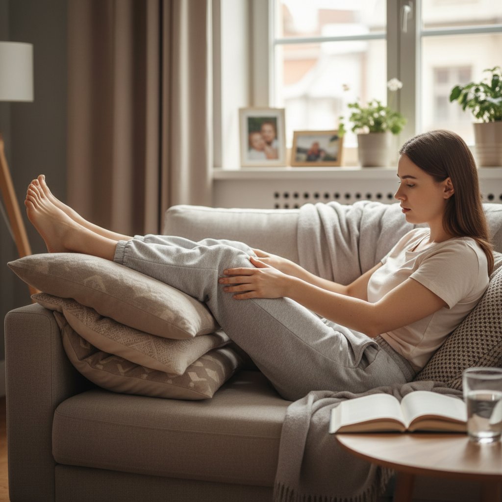 Młoda kobieta sprawdzająca opuchliznę nóg w domu, siedząc z uniesionymi stopami, w tle domowe wyposażenie