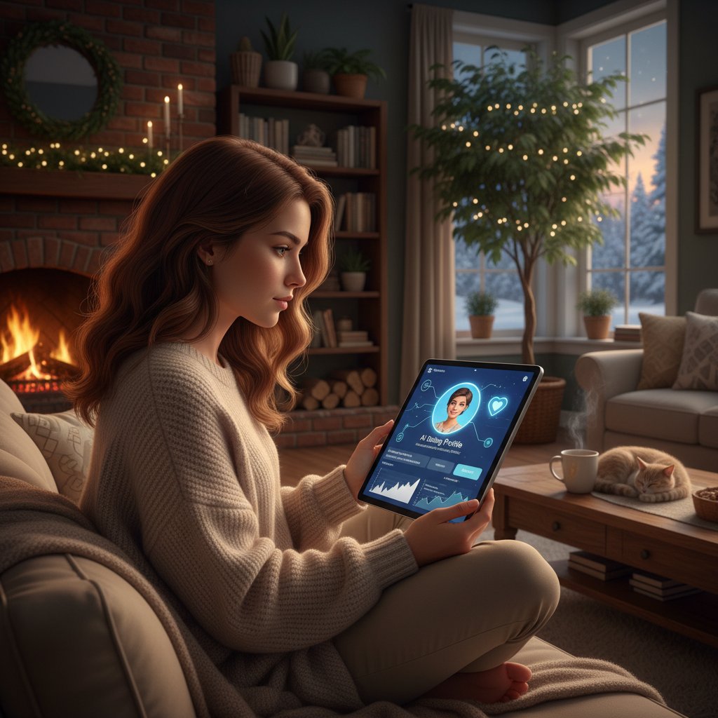 Junge Frau richtet KI-Dating-Profil auf Tablet in gemütlichem Wohnzimmer ein