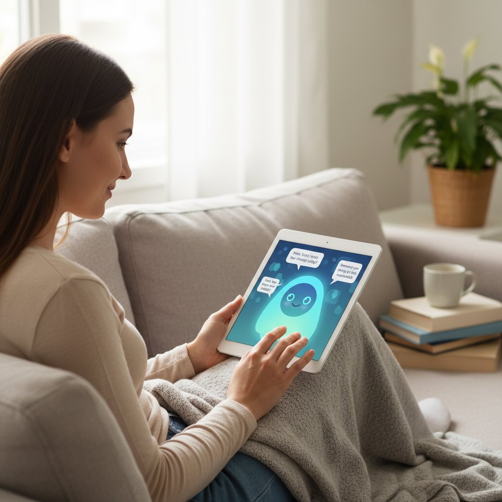 Młoda kobieta siedząca z tabletem, korzystająca z aplikacji AI do wsparcia emocjonalnego – symbol nowoczesnego podejścia do zdrowia psychicznego