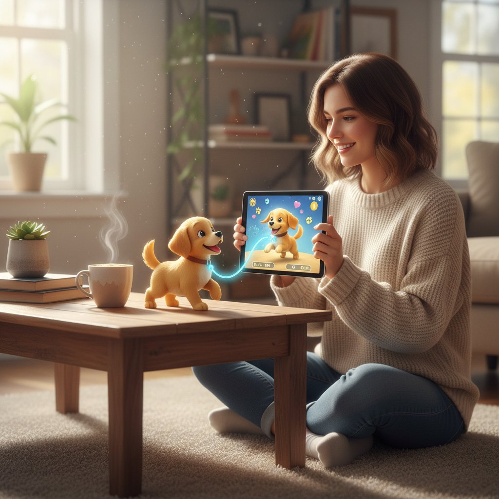 Młoda kobieta uśmiechnięta z tabletem na kolanach, wyświetlającym animowanego psa, kawa na stole