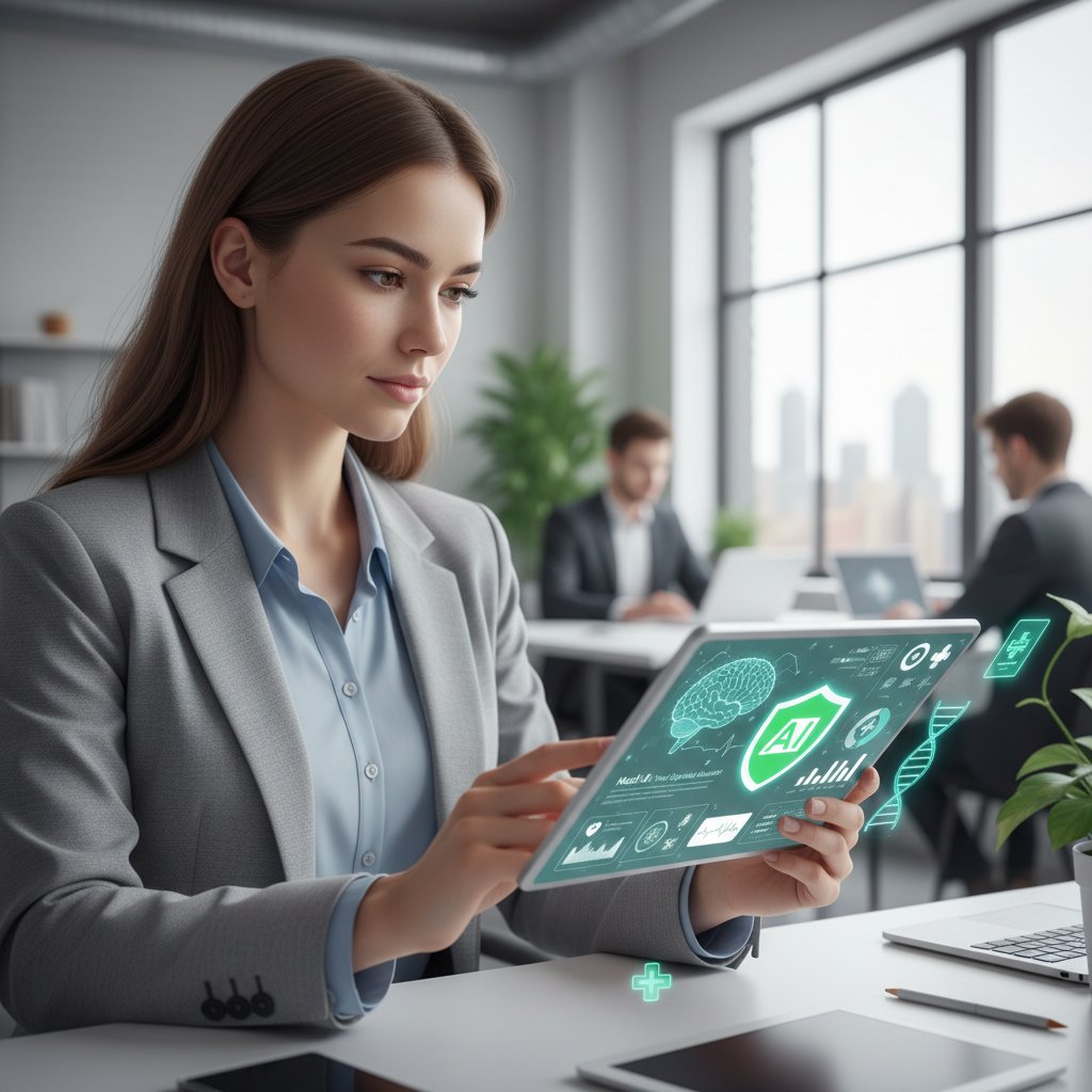 Młoda kobieta korzystająca z tabletu, interfejs analizy objawów zdrowotnych, nowoczesna technologia w tle