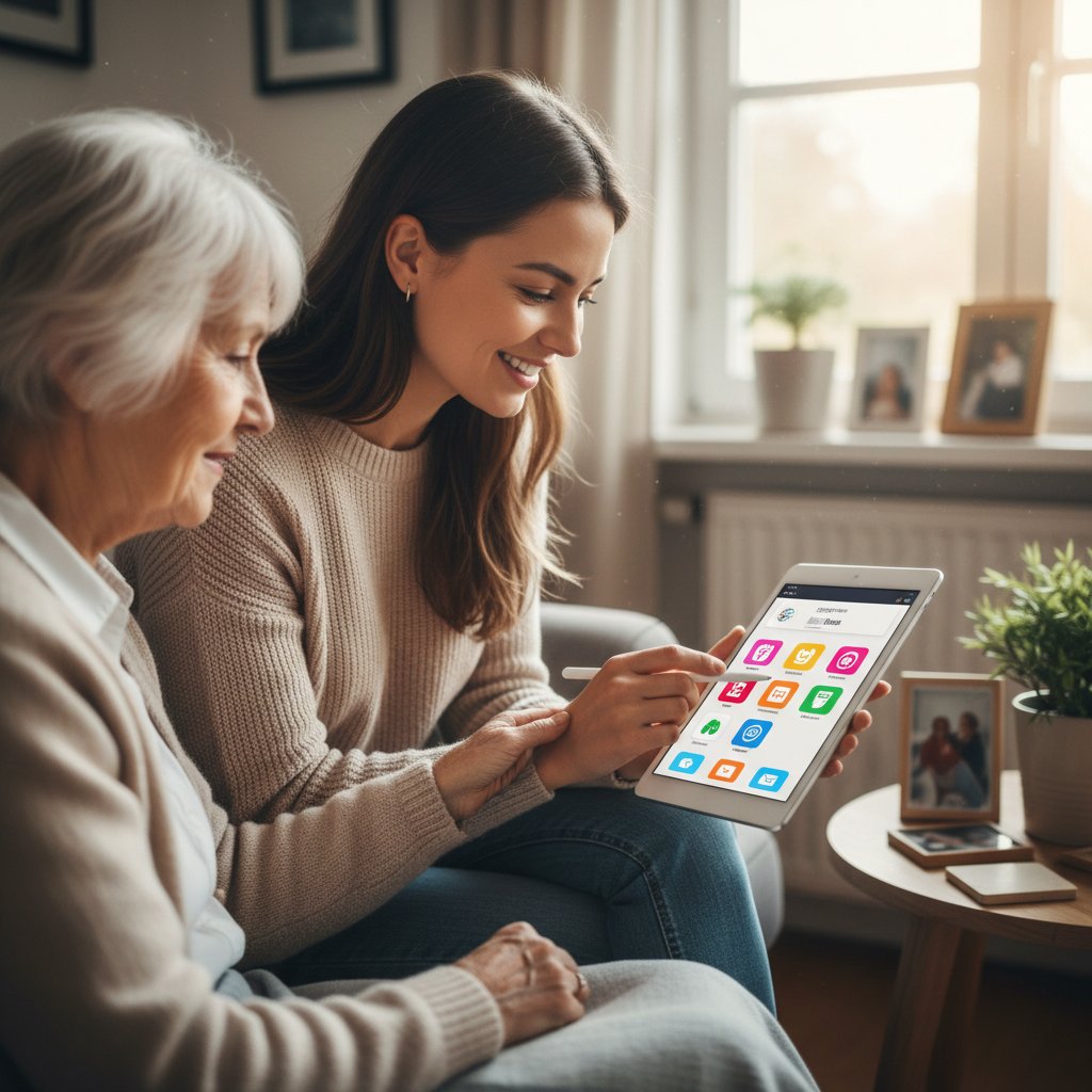Młoda kobieta korzystająca z tabletu obok starszego pacjenta – wsparcie technologii w opiece nad chorym na Alzheimera
