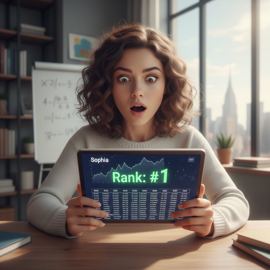 Młoda kobieta analizuje rankingi korepetycji online na tablecie, zaskoczona