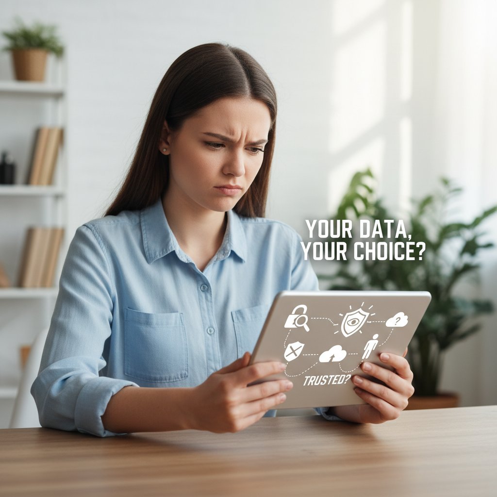 Junge Frau schaut skeptisch auf Tablet, Datenschutzsymbole eingeblendet