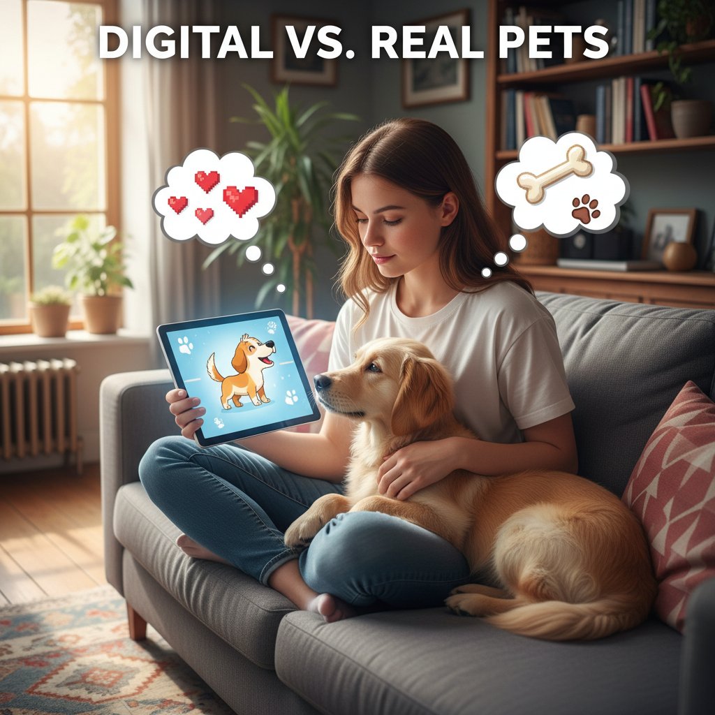 Junge Frau sitzt mit Tablet in der Hand, neben ihr ein echter Hund, Vergleich digitale und reale Haustiere