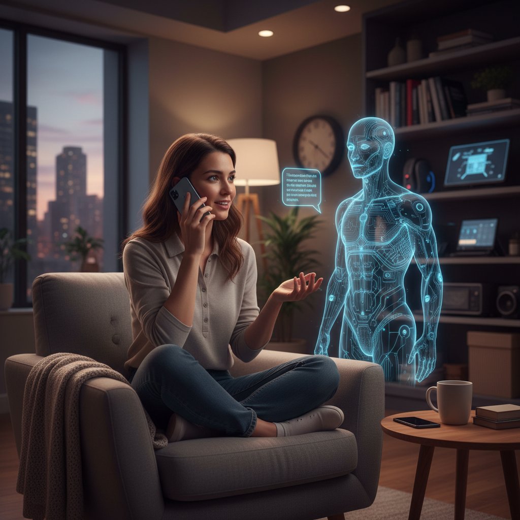 Młoda kobieta rozmawiająca z AI-towarzyszem przez telefon w swoim pokoju