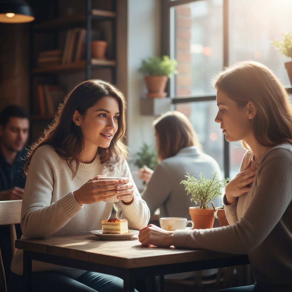 Portret młodej kobiety rozmawiającej z przyjaciółką, ilustrujący siłę wsparcia społecznego