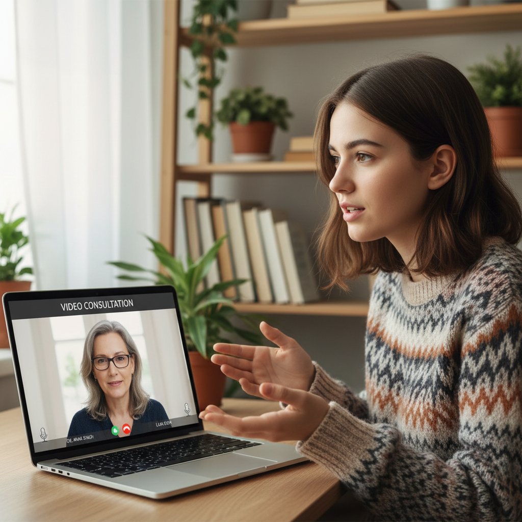 Młoda kobieta rozmawiająca z psychiatrą podczas wideokonsultacji