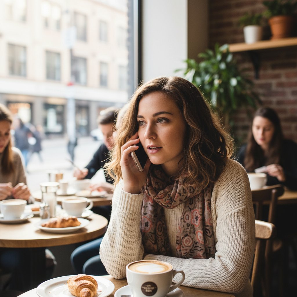 Młoda kobieta siedząca w kawiarni, rozmawiająca ze smartfonem, wyraz skupienia
