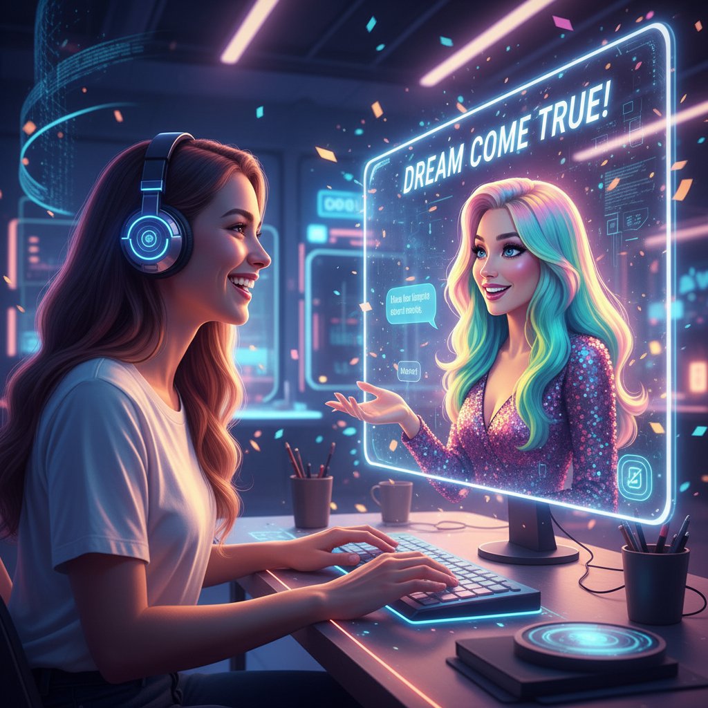 Młoda kobieta rozmawia przez komputer z cyfrowym awatarem znanego prezentera, uśmiech, poczucie spełnienia marzenia