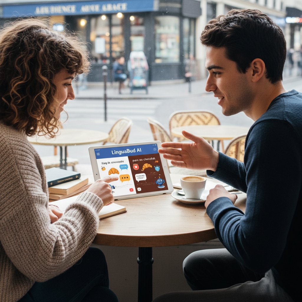 Młoda kobieta rozmawia online z partnerem tandemowym z Francji, na ekranie widać aplikację AI wspierającą rozmowę