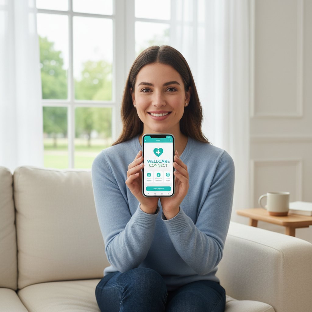 Młoda kobieta korzysta z aplikacji do teleopieki na smartfonie, nowoczesne wsparcie opiekunów