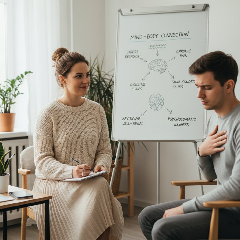 Młoda kobieta rozmawiająca z terapeutą, kontekst choroby psychosomatycznej