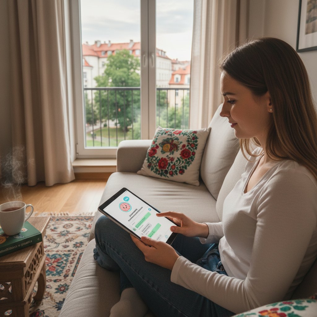 Młoda Polka rozmawiająca z chatbotem terapeutycznym w domu, wyglądająca na zrelaksowaną