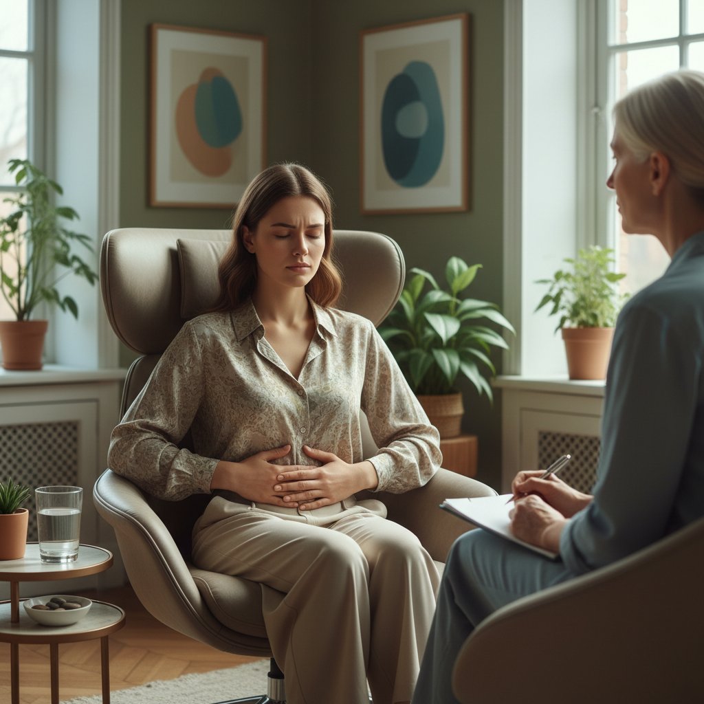 Młoda kobieta w gabinecie psychoterapeuty – początek zmiany w walce z objawami somatycznymi