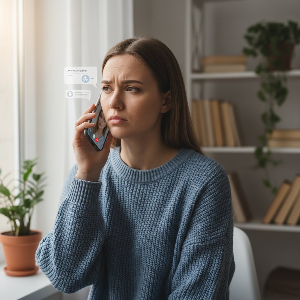 Junge Frau blickt nachdenklich auf ihr Smartphone, Thema Online-Lebensberatung
