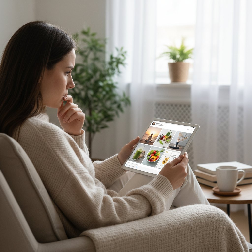 Symbolfoto: Junge Frau scrollt nachdenklich durch Social-Media-Feed, Smartphone mit „Wellness“-Bildern