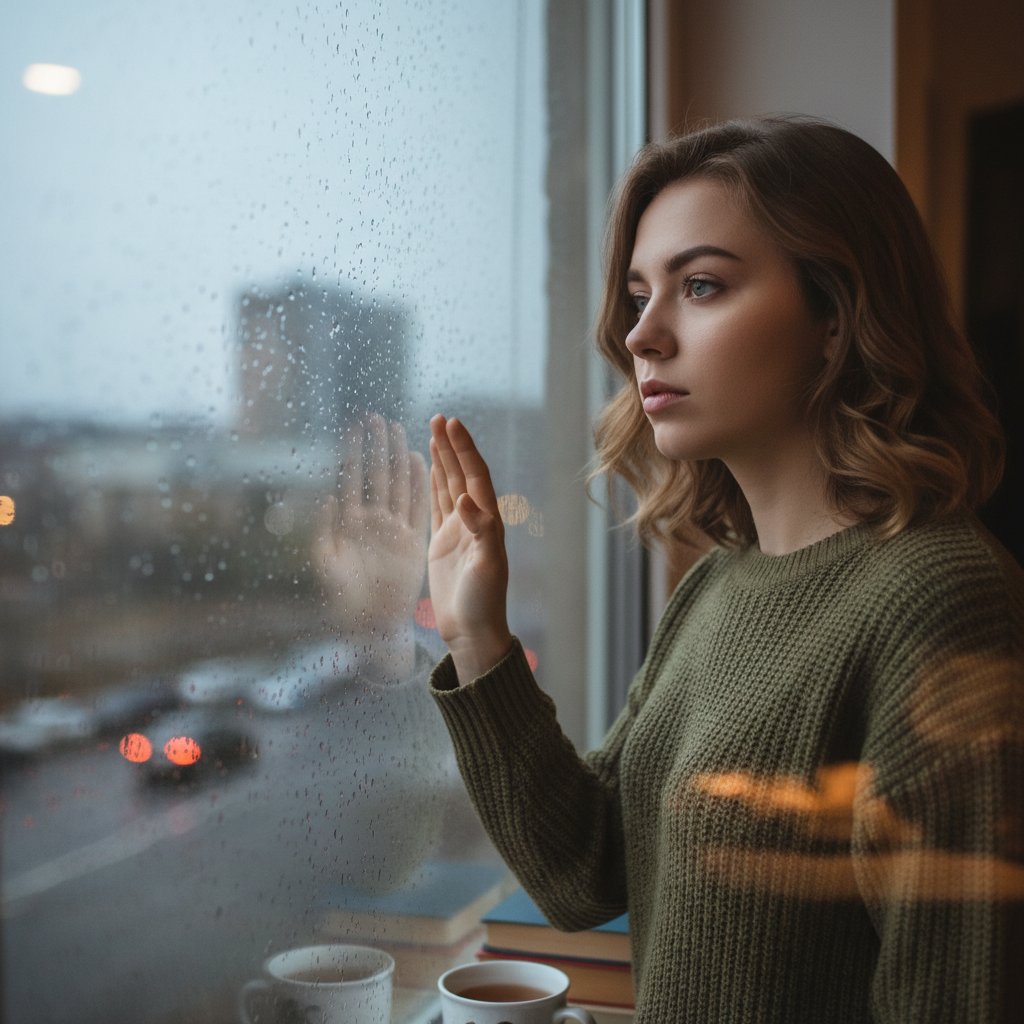 Młoda kobieta z zamyśloną miną patrząca przez okno, z odciśniętym na szybie śladem dłoni – symbolizującym cierpienie i izolację