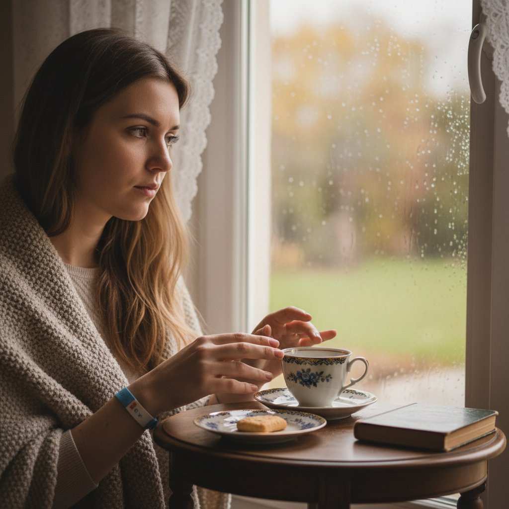 Młoda kobieta patrząca przez okno, zamyślona, za nią stół z polską porcelaną – psychologiczne skutki chorób trzustki