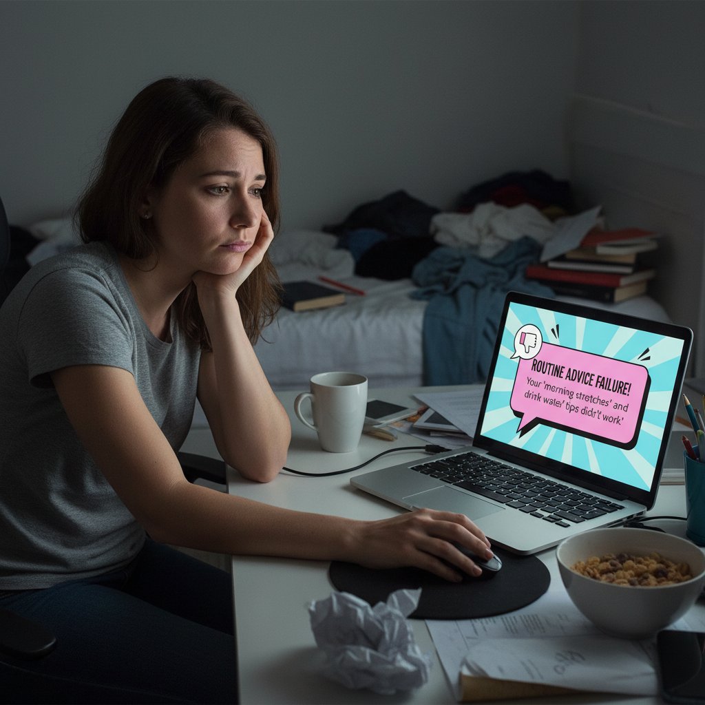 Zdjęcie młodej kobiety znużonej na tle komputera, ilustrujące zawodność popularnych porad na rutynę