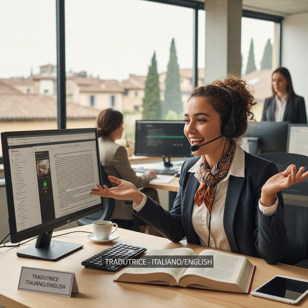Młoda kobieta pracuje jako tłumaczka w biurze, rozmawia przez telefon po włosku