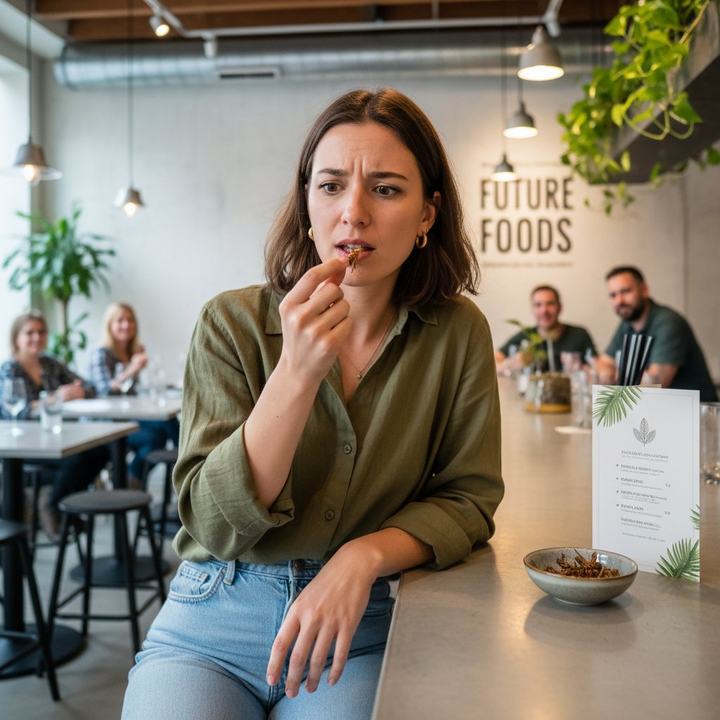 Autentyczny portret młodej kobiety próbującej po raz pierwszy robaka w modnej warszawskiej restauracji, skupienie i niepewność na twarzy