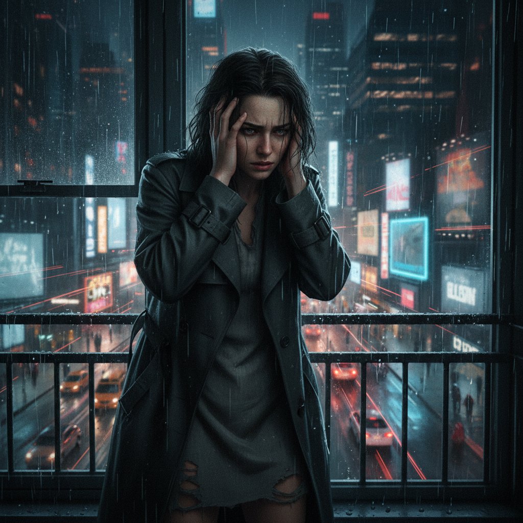 Młoda kobieta w miejskiej przestrzeni, wyraźnie napięta, symbolizująca objawy zaburzeń lękowych