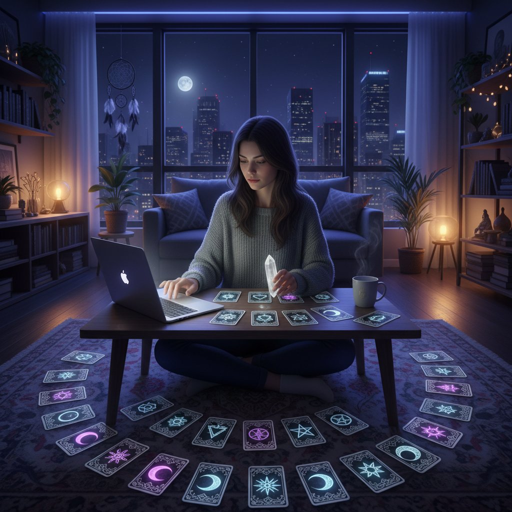 Junge Frau nachts im urbanen Wohnzimmer, Laptop erleuchtet ihr Gesicht, Tarotkarten und mystische Symbole auf dem Tisch – günstige spirituelle Beratung online in deutscher Szene
