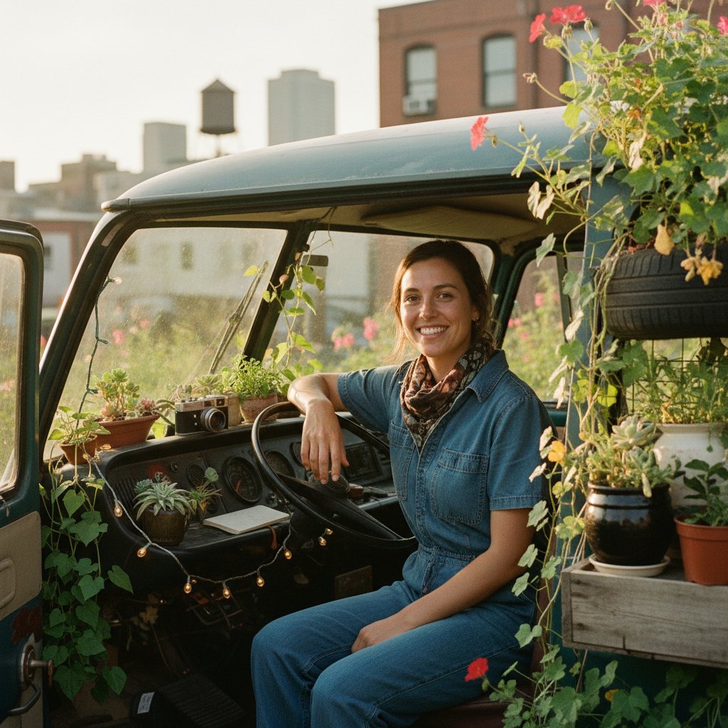 Młoda kobieta monitorująca pulpit automatycznego systemu w miejskim ogrodzie