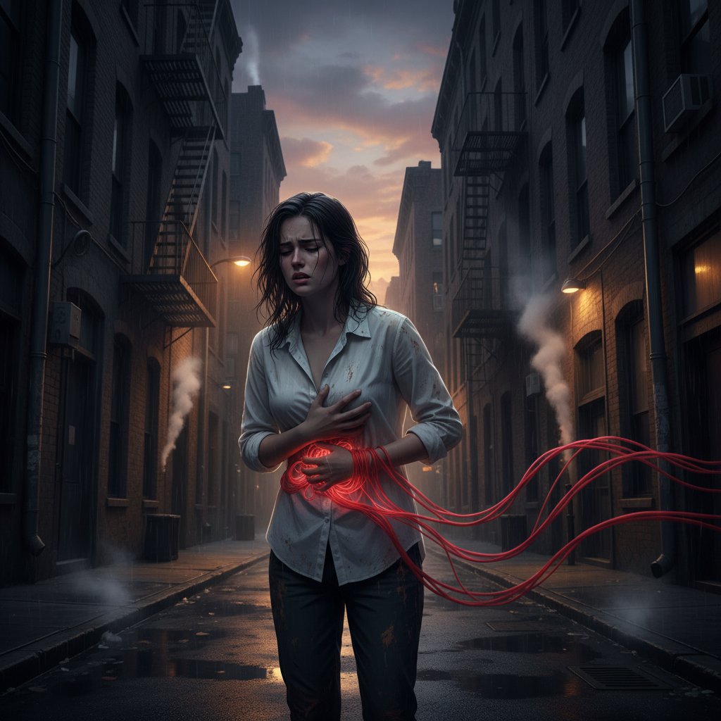 Młoda kobieta w miejskiej scenerii, trzymająca się za brzuch, symbolizująca siłę i ból miesiączkowy