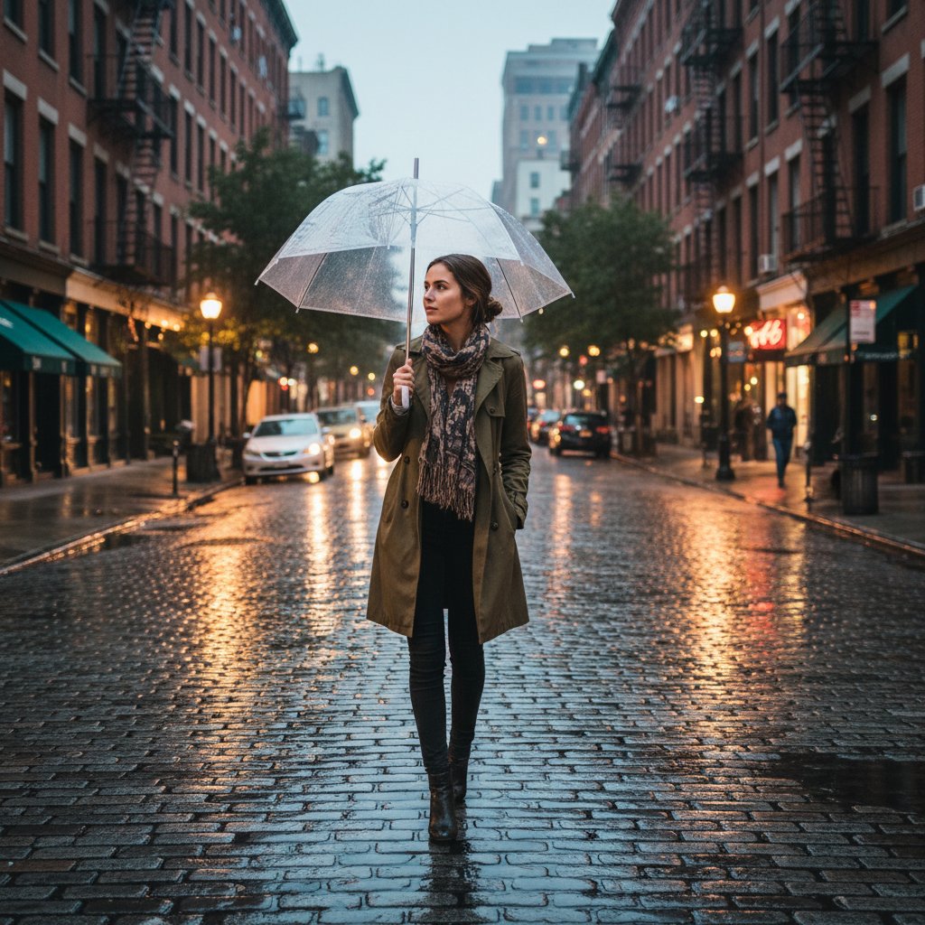 Młoda kobieta idąca samotnie przez miasto po deszczu z lekko uniesioną głową, symbolizująca nowy początek