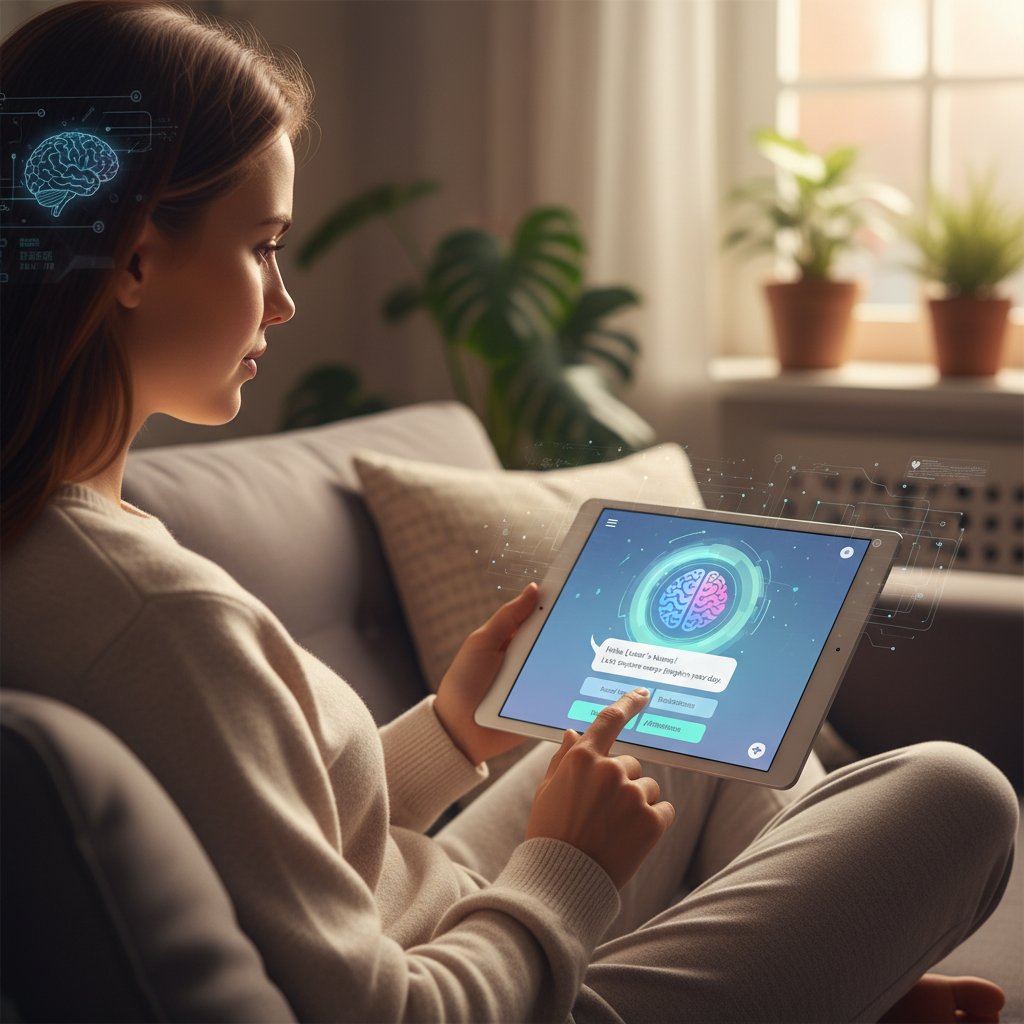 Młoda kobieta korzystająca z aplikacji AI w nastrojowym otoczeniu, symbolizująca cyfrowe wsparcie emocjonalne