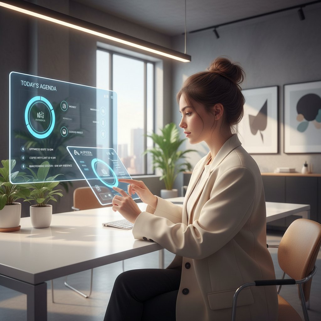 Młoda kobieta korzystająca z aplikacji AI do planowania dnia na smartfonie w nowoczesnym biurze