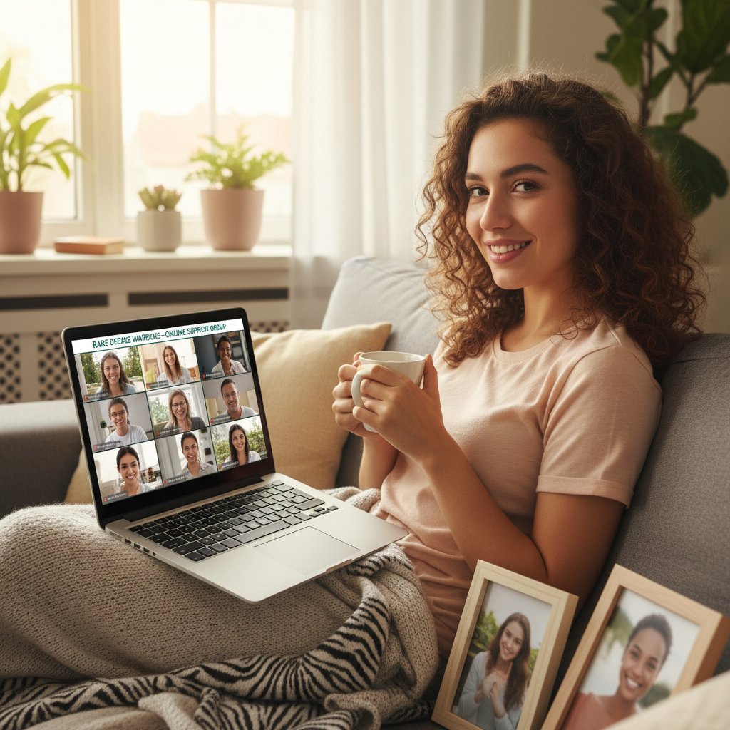 Młoda kobieta korzystająca z laptopa, uczestnicząca w internetowej grupie wsparcia