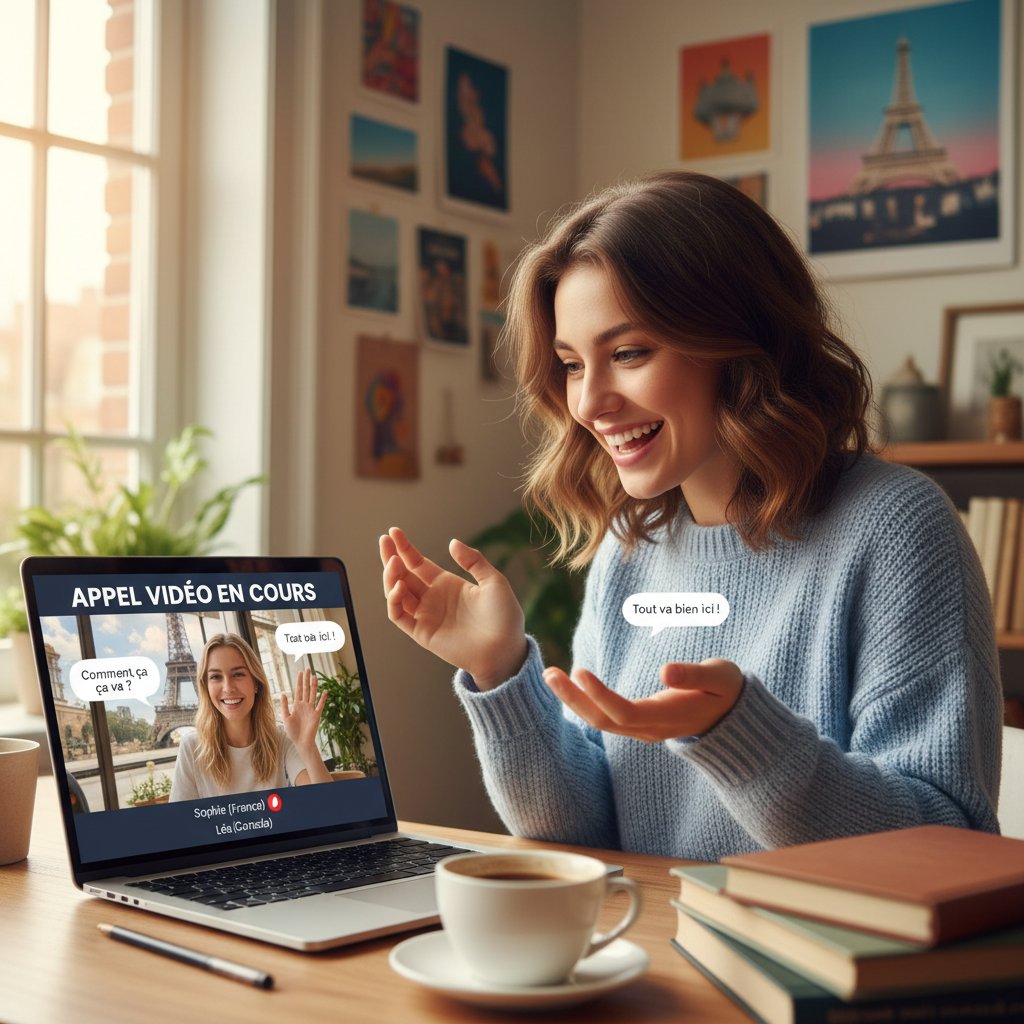 Polka rozmawiająca po francusku podczas wideorozmowy online, z uśmiechem i widocznym postępem