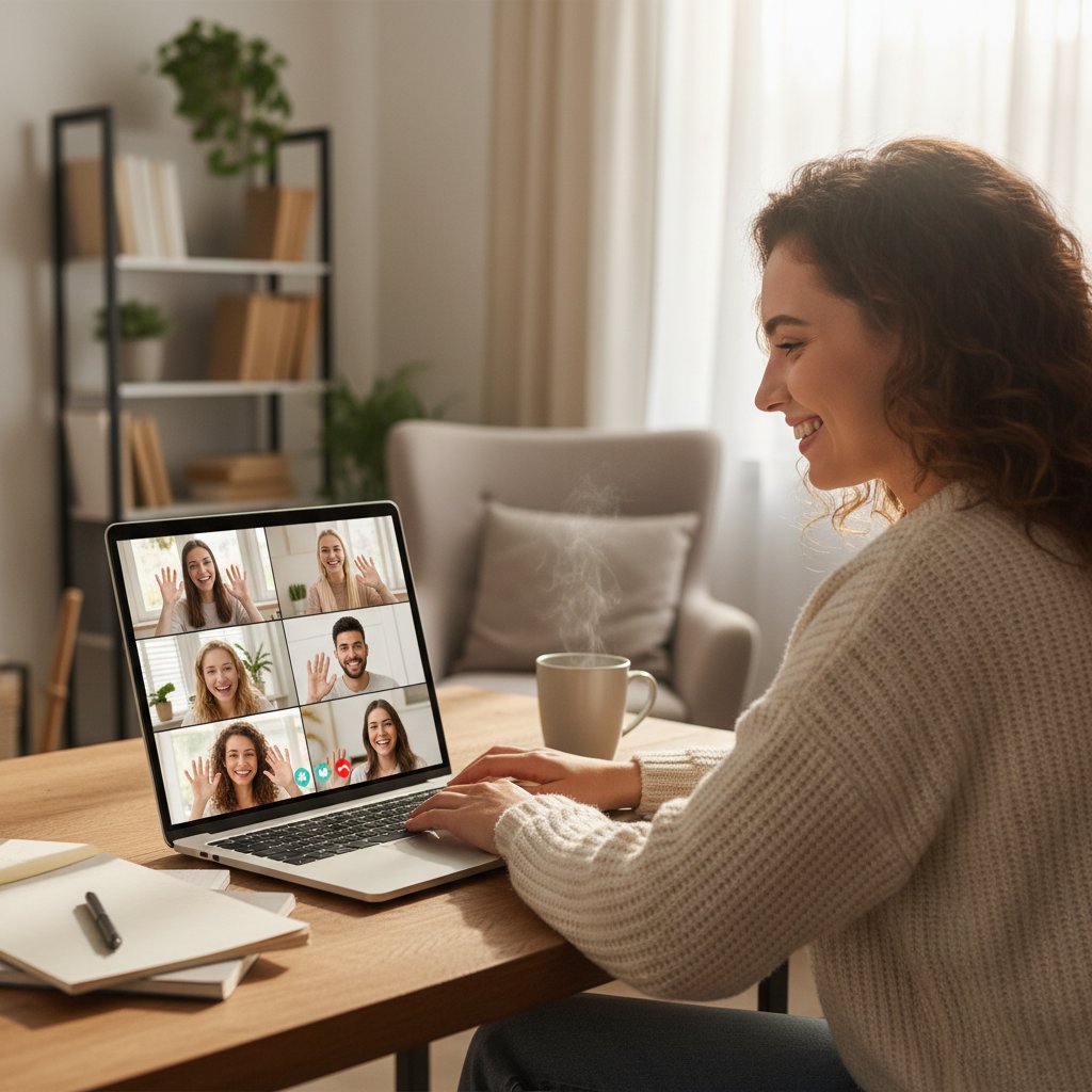 Młoda kobieta podczas wideorozmowy z grupą, uśmiechnięta twarz, otoczenie domowe