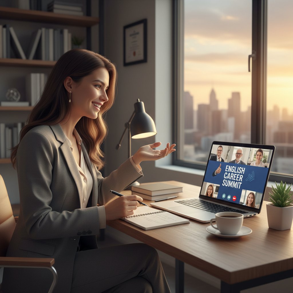 Młoda kobieta prowadzi wideokonferencję po angielsku, otwarty laptop, notatki, sukces zawodowy