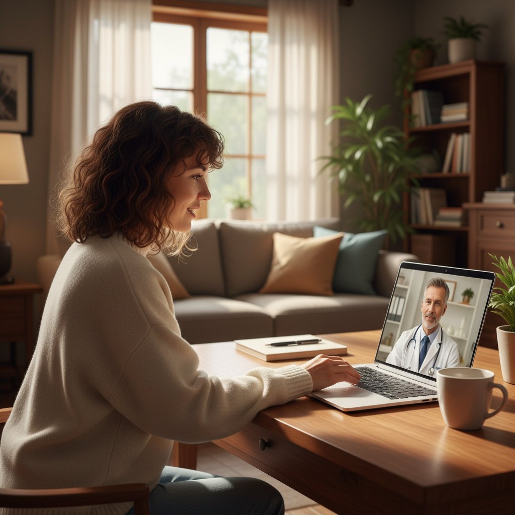 Młoda kobieta podczas wideokonsultacji z lekarzem w domowych warunkach, motyw zdrowotny