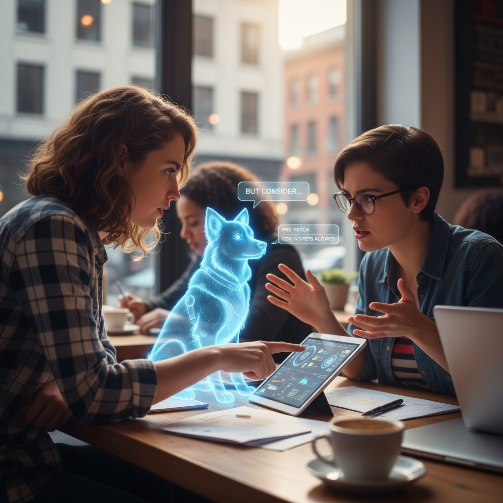 Młoda kobieta zafascynowana wirtualnym psem na ekranie, obok przyjaciel sceptyczny – polaryzacja opinii