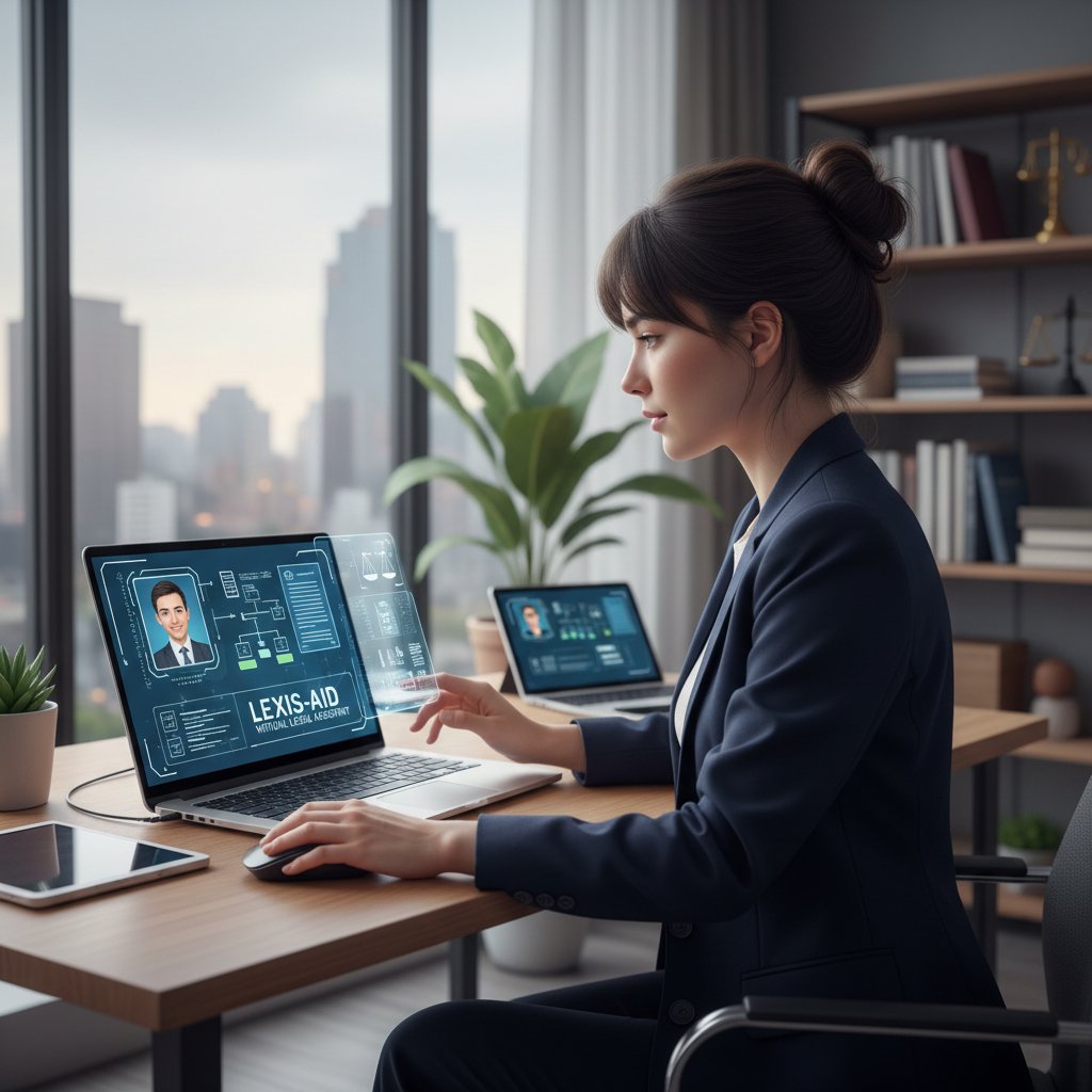 Młoda kobieta rozmawia z wirtualną asystentką prawną na ekranie laptopa