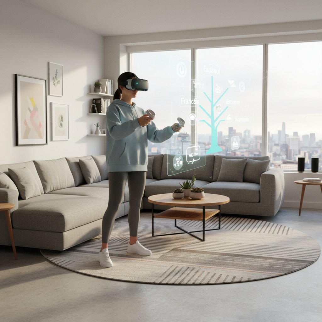 Młoda kobieta korzystająca z VR do nauki języka w nowoczesnym salonie